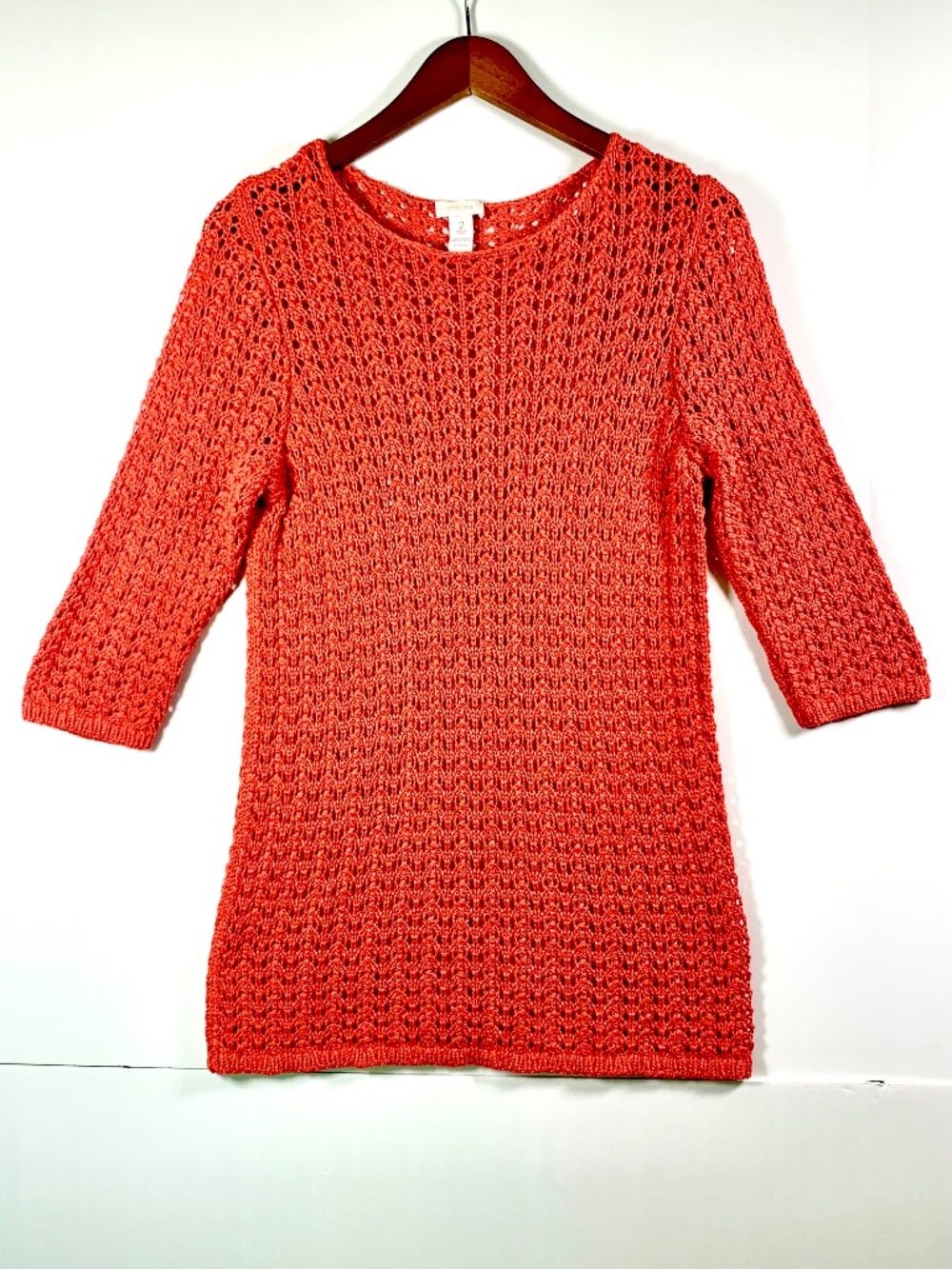 Chico’s open weave crochet knit pullover coral red crew neck beach coverup